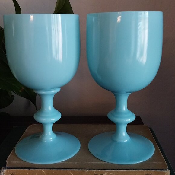 Pair Portieux Vallerysthal Turquoise Blue Opaline Water Goblets - Picture 4 of 11